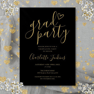 Invitation Fête de fin d'études Black Gold Grad Script Heart