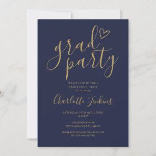 Invitation Fête de fin d'études Bleu Or Script Cœur Graduatio