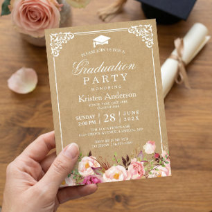 Invitation Fête de fin d'études Cadre Kraft à motif floral