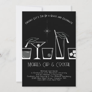 Invitation Fête de fin d'études Casquette et Cocktail Noir