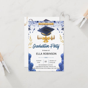 Invitation Fête de fin d'études élégante bleu marine et or