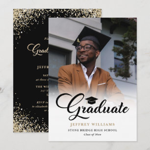 Invitation Fête de fin d'études élégante en noir et or avec p