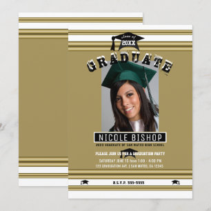 Invitation Fête de fin d'études élégante or et blanc avec pho
