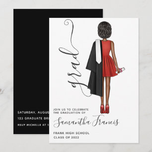 Invitation Fête de fin d'études élégante rouge, noir et blanc