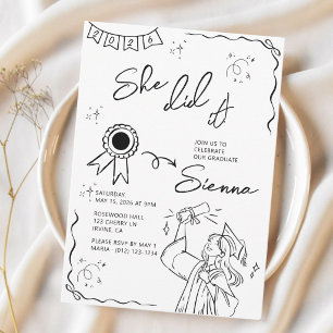Invitation Fête de fin d'études « Elle a réussi ! » dessinée