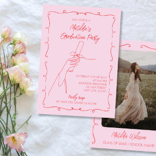 Invitation Fête de fin d'études en photo rose et rouge dessin