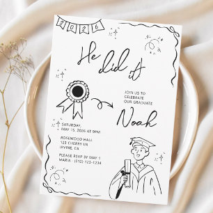 Invitation Fête de fin d'études « Il l'a fait ! » dessinée à