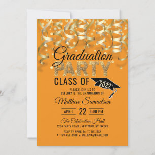 Invitation Fête de FIN D'ÉTUDES Moderne ORANGE Paillettes Dor