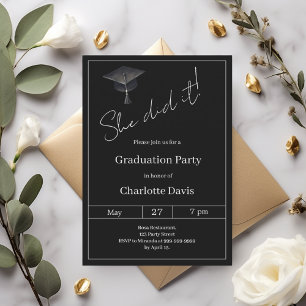 Invitation Fête de fin d'études noir blanc Elle a réussi