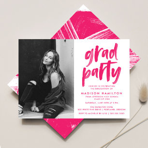 Invitation Fête de fin d'études photo écriture pinceau rose m