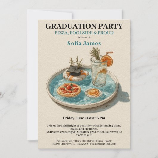 Invitation Fête de fin d'études : Pizza, au bord de la piscin (Devant)