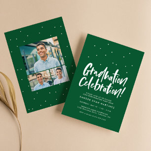Invitation Fête de fin d'études trois photo fun vert confetti