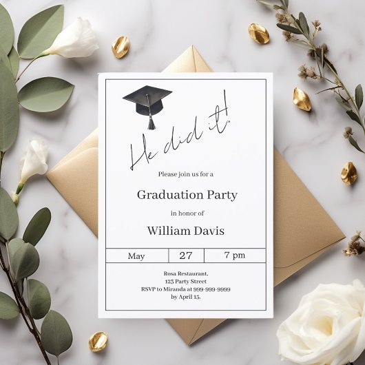 Invitation Fête de fin d'études vert sauge Il a réussi