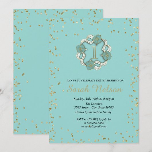 Invitation Fête de fleurs bleues de luxe avec paillettes doré (Devant / Derrière)