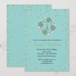 Invitation Fête de fleurs bleues de luxe avec paillettes doré