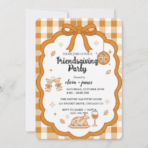 Invitation Fête de Friendsgiving rétro à carreaux orange