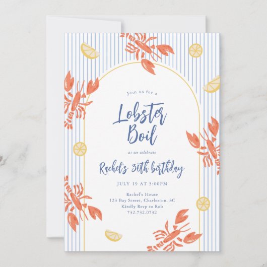 Invitation Fête de fruits de mer Lobster Boil Rayures Prépa  (Devant)