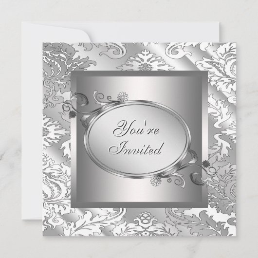 Invitation Fête de gala en damas blanc argenté (Devant)