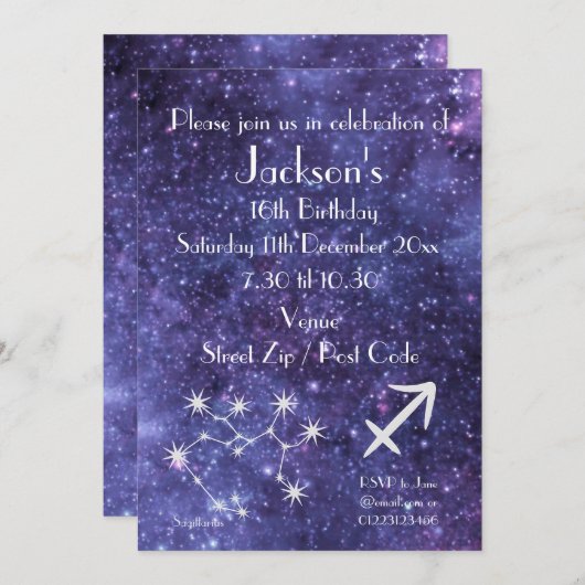 Invitation Fête de galaxie personnalisée du zodiaque Sagittai (Devant / Derrière)