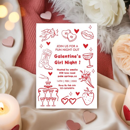 Invitation Fête de Galentine, Soirée Saint-Valentin doodle
