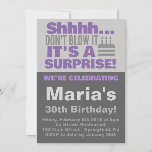 Invitation Fête de gâteau Surprise Purple Anniversaire (Devant)