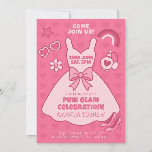 Invitation Fête de Glam rose fête d'anniversaire (Devant)