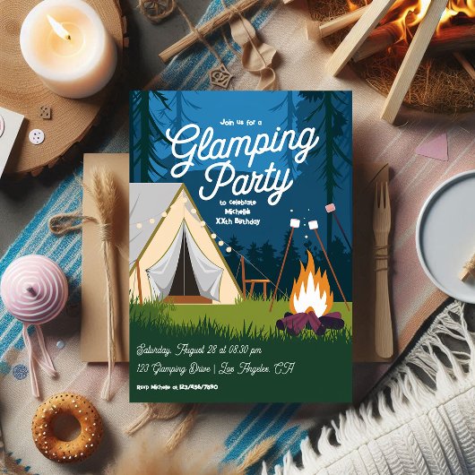 Invitation Fête de Glamping avec Feu de Camp et Tente Cosy