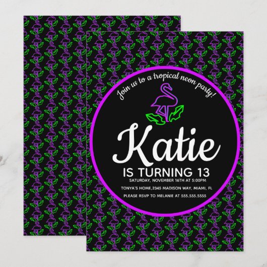 Invitation Fête de Glow Flamant Néon Tropical Violet (Devant / Derrière)