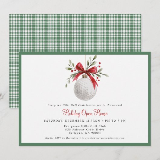 Invitation Fête de golf Maison ouverte Plaid vert aquarelle (Devant / Derrière)
