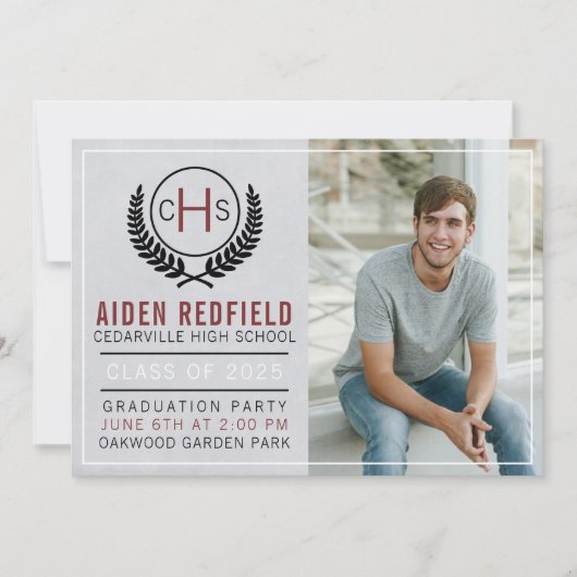 Invitation Fête de graduation 2023 Monogram Maroon (Devant)