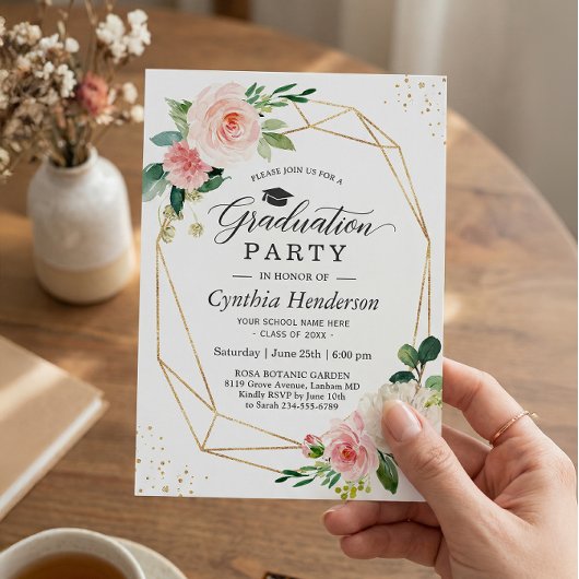 Invitation Fête de graduation 2025 Fille Blush Rose Floral