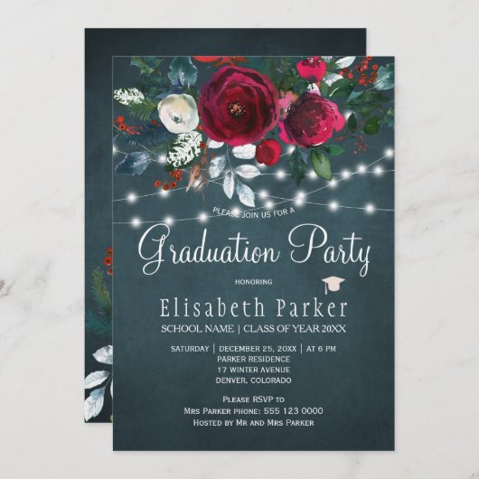 Invitation Fête de graduation à fleurs d'hiver élégante borde (Devant / Derrière)