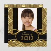 Invitation Fête de graduation Abstraite Black Gold Girl (Devant / Derrière)