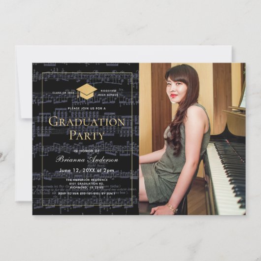 Invitation Fête de graduation Black & Gold de la musique de f (Devant)