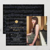 Invitation Fête de graduation Black & Gold de la musique de f (Devant / Derrière)