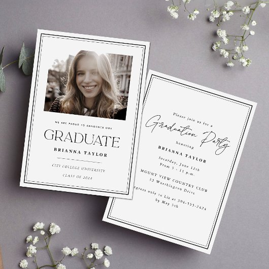 Invitation Fête de graduation Black White Photo moderne