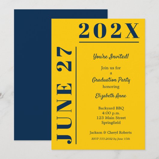 Invitation Fête de graduation bleu et jaune (Devant / Derrière)