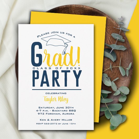 Invitation Fête de graduation bleu et jaune