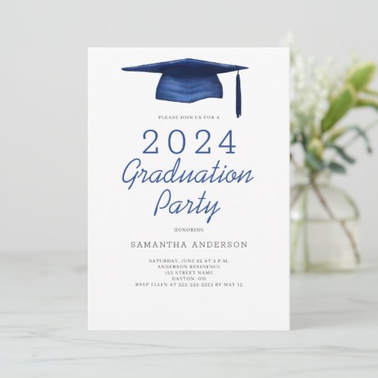 Invitation Fête de graduation bleu moderne (Debout devant)