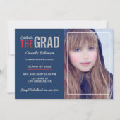 Invitation Fête de graduation Bleu, Rouge et Gris (Devant)