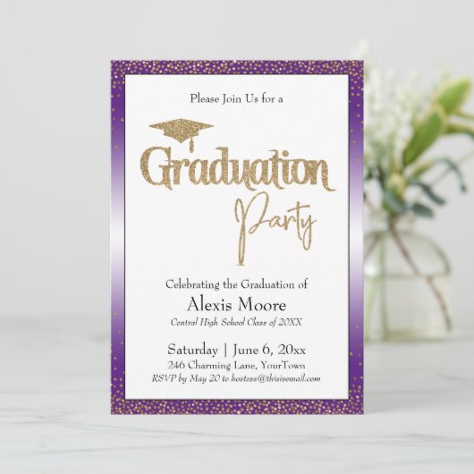 Invitation Fête de Graduation Bright Purple Ombre Gold Confet (Debout devant)