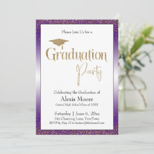 Invitation Fête de Graduation Bright Purple Ombre Gold Confet