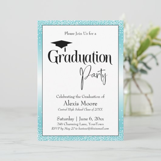 Invitation Fête de graduation brillant Turquoise Ombre Confet (Debout devant)