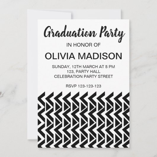 Invitation Fête de graduation Chevron noir et blanc (Devant)