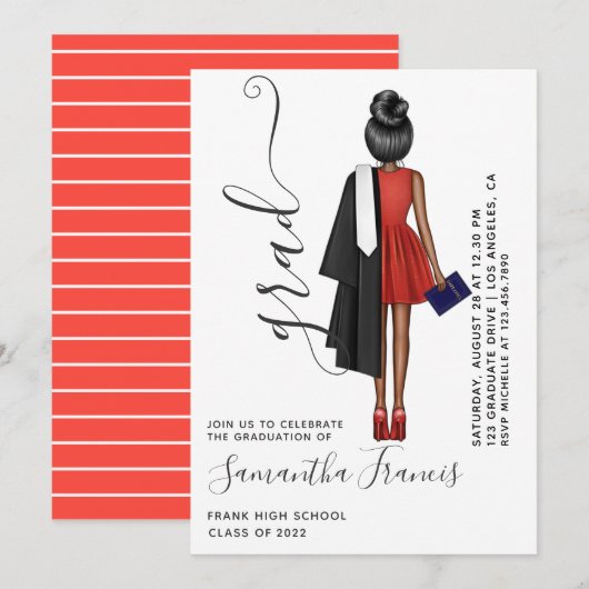 Invitation Fête de graduation de filles rouges et blanches (Devant / Derrière)