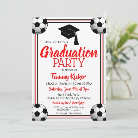 Invitation Fête de graduation de football rouge et noir (Debout devant)