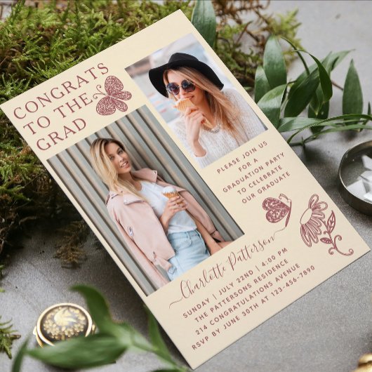 Invitation Fête de graduation de la photo de papillon rose cr