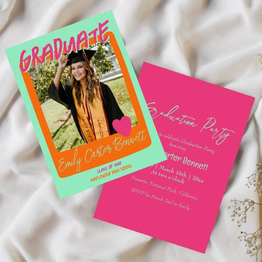 Invitation Fête de graduation de la photo rose et orange de l