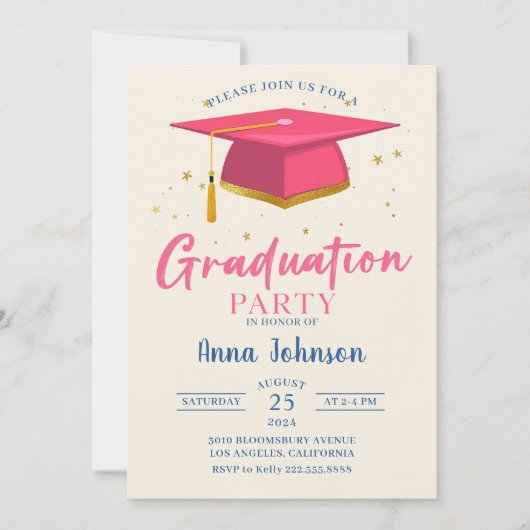 Invitation Fête de graduation de script rose moderne (Devant)