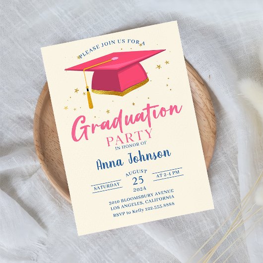 Invitation Fête de graduation de script rose moderne